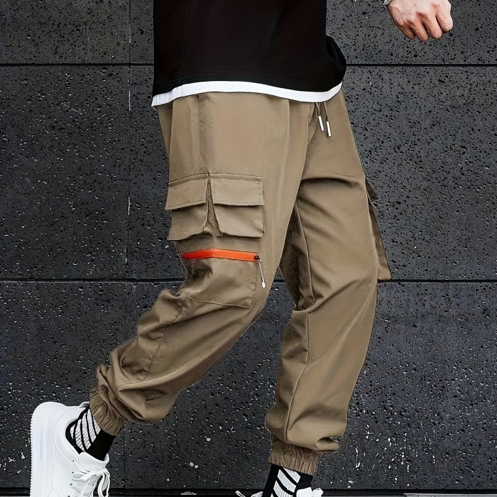 Men's Drawstring Trendy Flap Pockets Cargo Pants