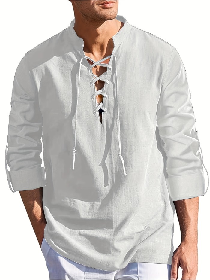 Retro Style Men's Solid Long Sleeve Henley Tee With Drawstring For Spring Fall, Gift For Men
