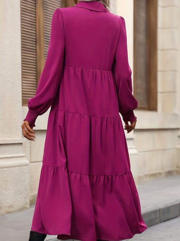 V Neck Tiered Dress, Casual Solid Long Sleeve Simple Dress