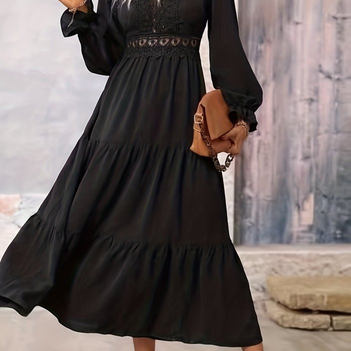 Contrast Lace Tiered Dress, Elegant V Neck Long Sleeve Dress