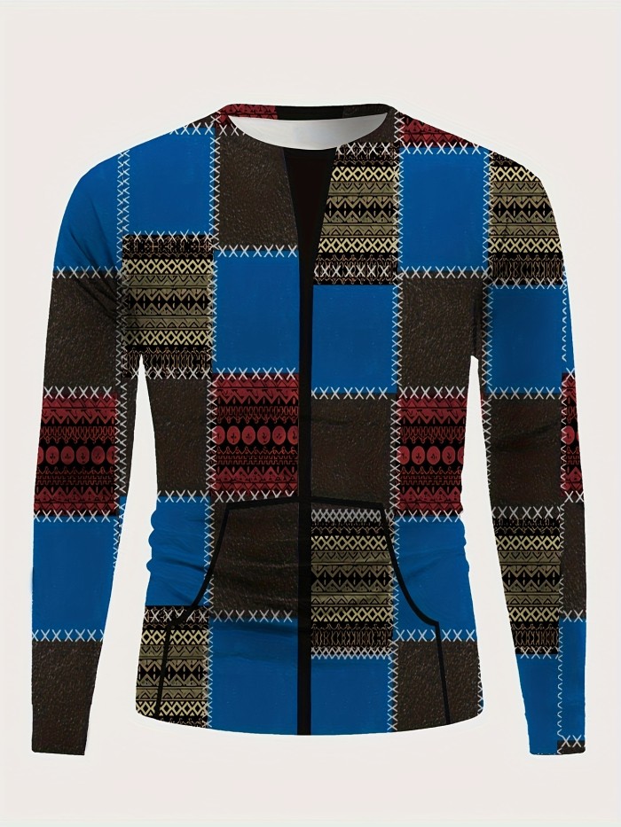 Trendy Color Block Print Men's Casual Long Sleeve T-shirt, Men's Clothes For Spring Summer Autumn, Tops For Men