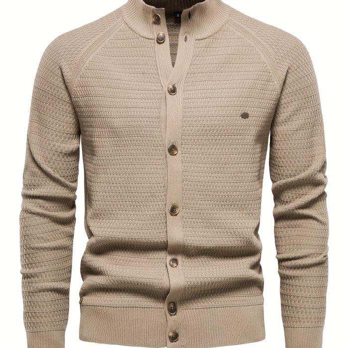 Men's Classic Design Knitted Cardigan Cotton Blend Button Mock Neck Sweater