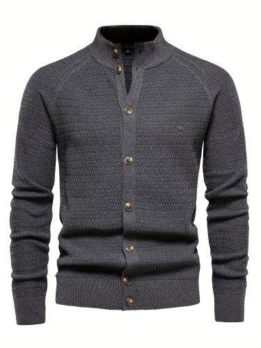 Men's Classic Design Knitted Cardigan Cotton Blend Button Mock Neck Sweater