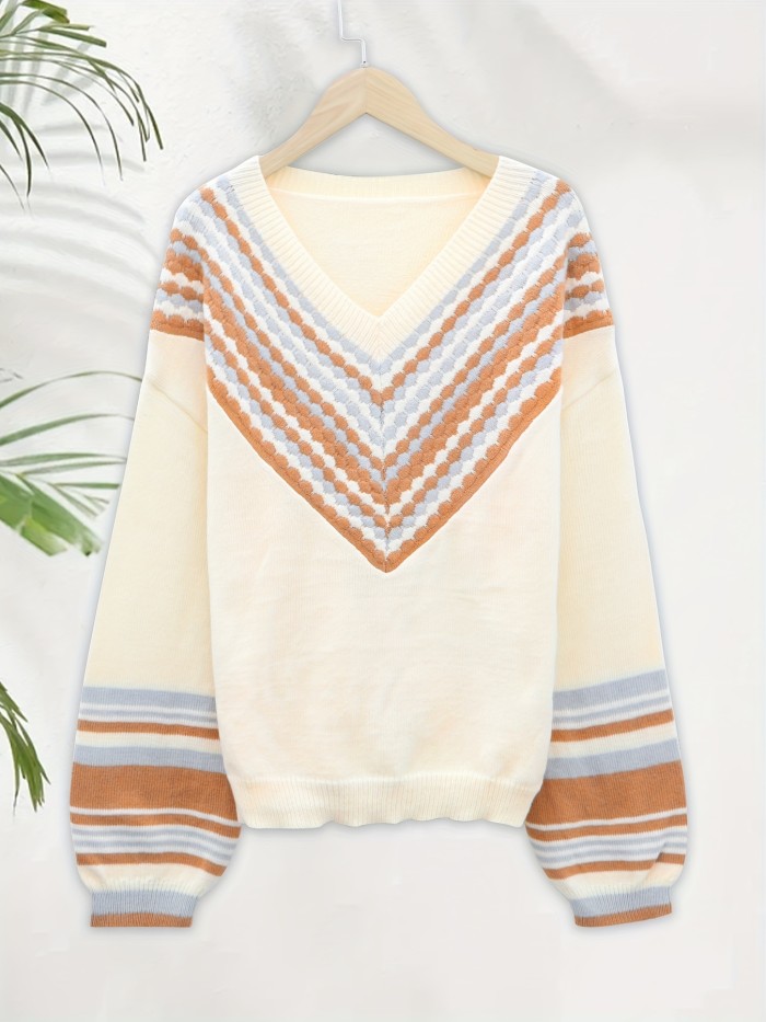 Ethnic Striped V Neck Pullover Sweater, Casual Long Sleeve Drop Shoulder Sweater, Women's Clothing
