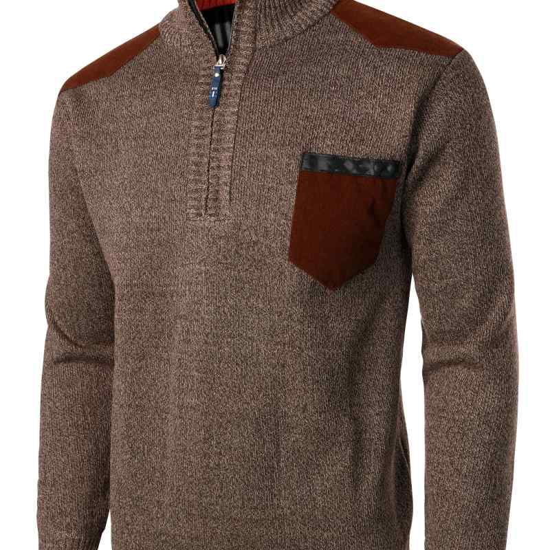 Stand Collar Knitted Color Block Sweater, Men's Casual Warm Slightly Stretch Thermal Pullover Polo Sweater For Fall Winter