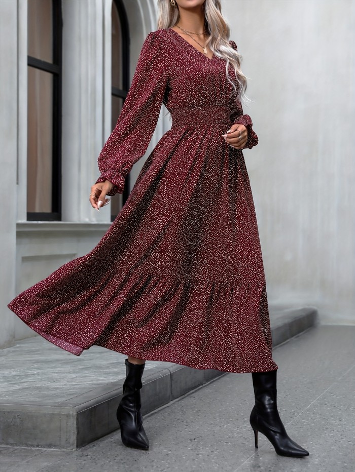 Allover Print Shirred Dress, Casual V Neck Long Sleeve Midi Dress