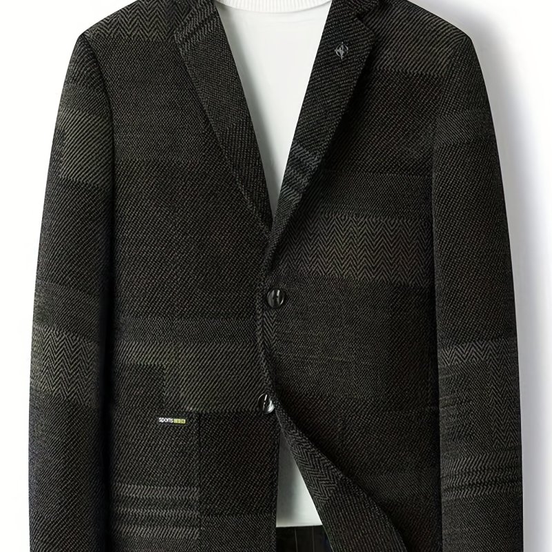 Herringbone Two Button Blazer, Men's Casual Flap Pocket Lapel Sports Coat For Spring Fall Business