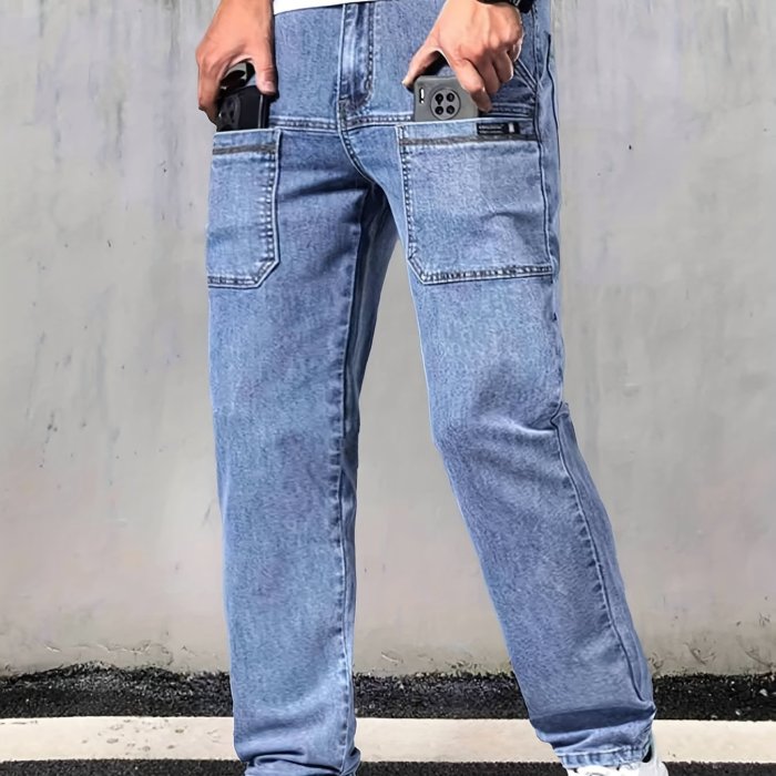 Loose Fit Straight Leg Jeans, Men's Casual Street Style Multi Pocket Denim Pants For All Seasons