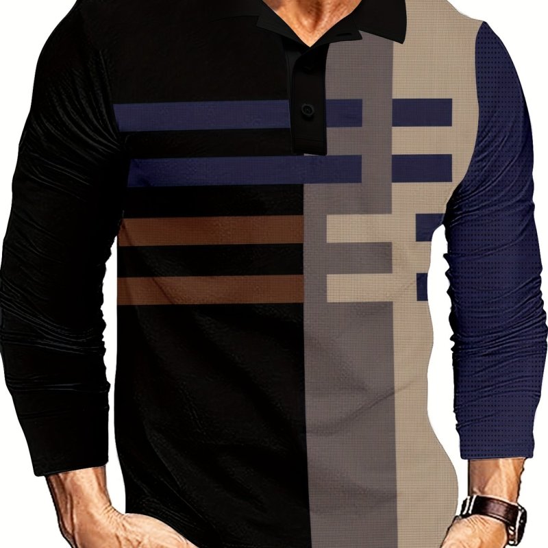 Geometric Pattern Men's Color Block Long Sleeve Polo Shirt, Trendy Male Shirt For Spring Fall Outdoor