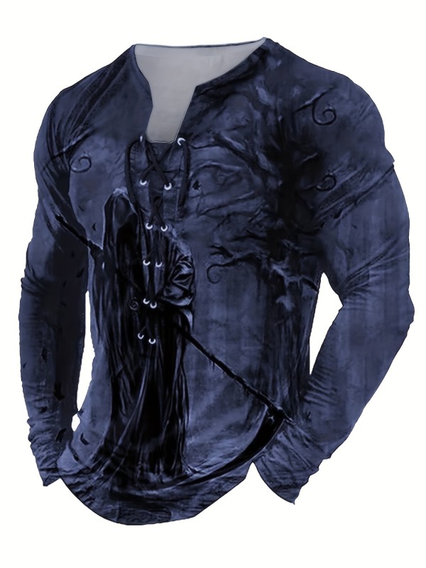 3D Print Men's Retro Long Sleeve Henley Tee With Drawstring, Men's Spring Fall Graphic Tops