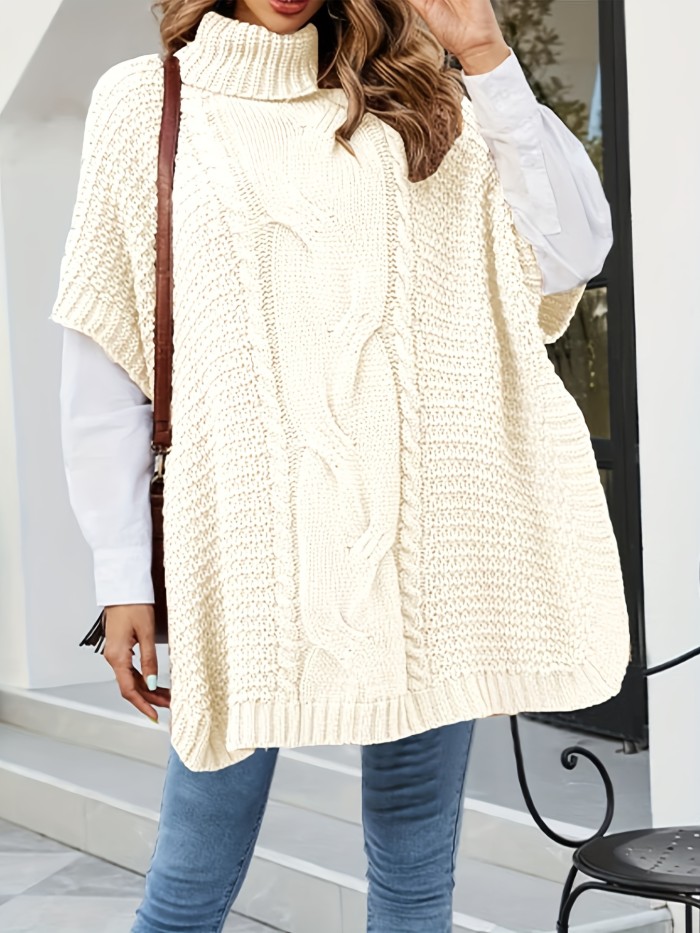 Plus Size Casual Sweater, Women's Plus Solid Cable Batwing Sleeve High Neck Side Split Medium Stretch Jumper