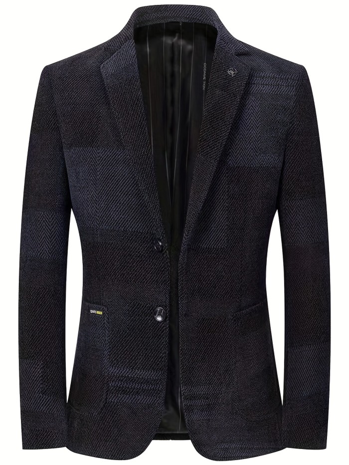 Herringbone Two Button Blazer, Men's Casual Flap Pocket Lapel Sports Coat For Spring Fall Business