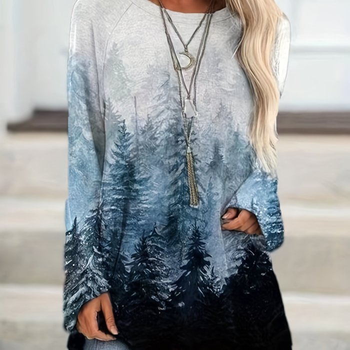 Plus Size Casual Top, Women's Plus Ombre Tree Print Long Sleeve Round Neck Medium Stretch Top