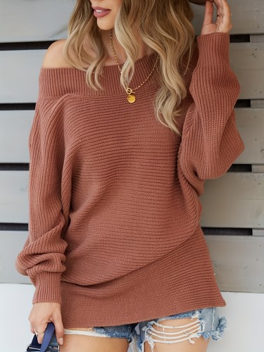 Solid Crew Neck Loose Sweater, Casual Batwing Sleeve Sweater For Fall & Winter