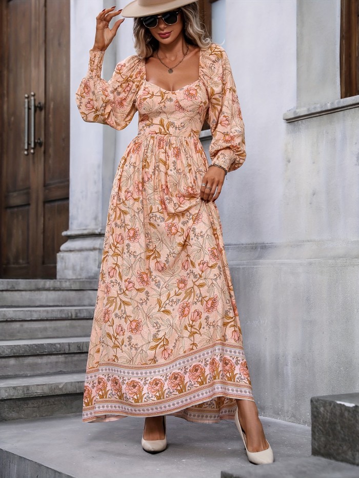 Floral Print Shirred Dress, Boho High Waist Long Sleeve Maxi Dress