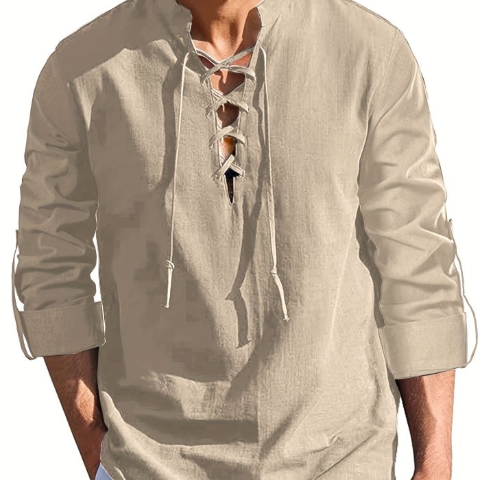 Retro Style Men's Solid Long Sleeve Henley Tee With Drawstring For Spring Fall, Gift For Men