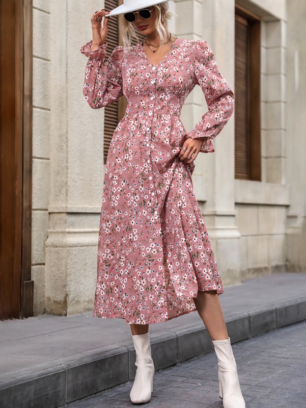 Floral Print Button Front Dress, Elegant V Neck Long Sleeve Dress