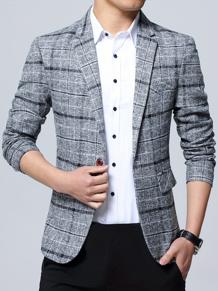 Plaid One Button Blazer, Men's Casual Retro Style Lapel Sports Coat For Spring Fall Business