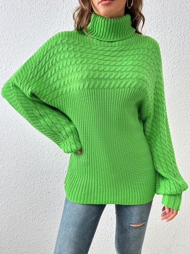 Women's Sweater Casual Turtleneck Twist Rib Green Long Sleeve Loose Fall Winter Sweater