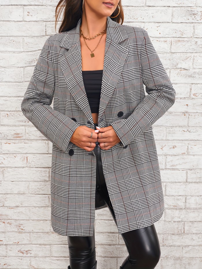 Houndstooth Double Breasted Blazer, Elegant Lapel Long Sleeve Blazer For Office & Work, Women's Clothing