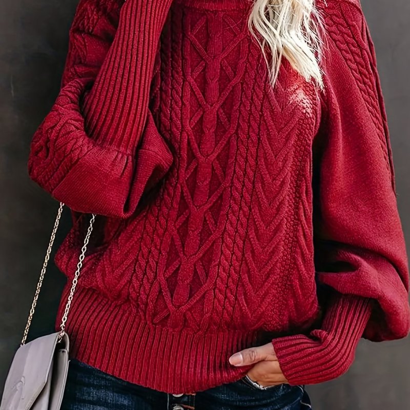 Cable Knit Turtle Neck Sweater, Casual Long Sleeve Sweater For Fall & Winter