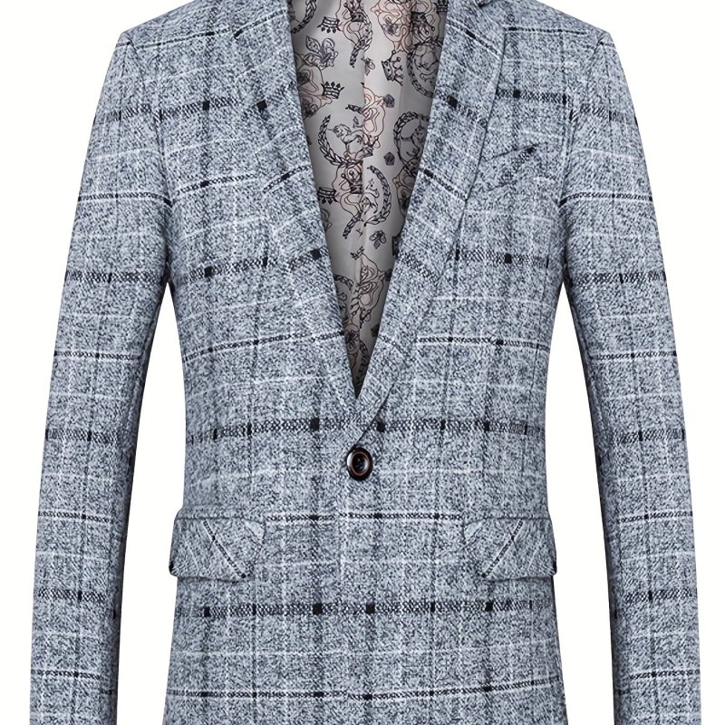 Plaid One Button Blazer, Men's Casual Retro Style Lapel Sports Coat For Spring Fall Business