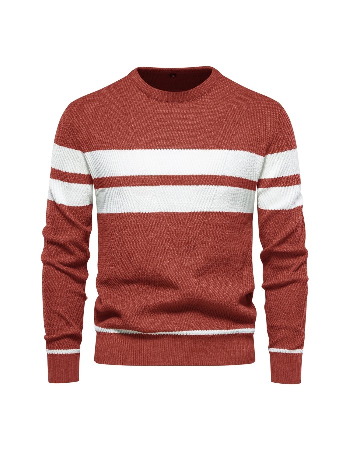 All Match Knitted Striped Pattern Sweater, Men's Casual Warm Slightly Stretch Crew Neck Pullover Sweater For Men Fall Winter