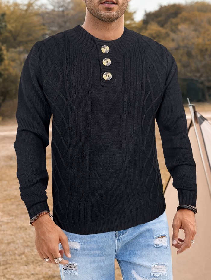 Men's Cable Knit Button Retro  Long Sleeve Pullover Sweater