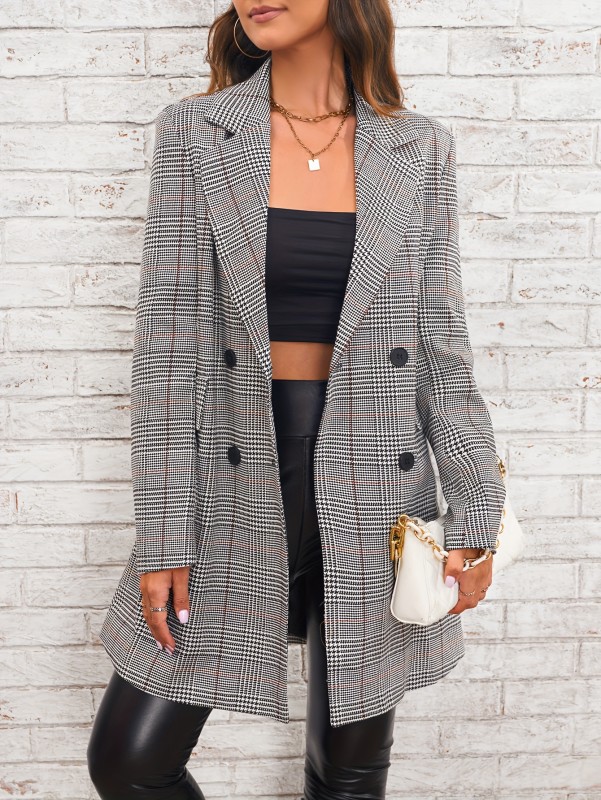 Houndstooth Double Breasted Blazer, Elegant Lapel Long Sleeve Blazer For Office & Work, Women's Clothing