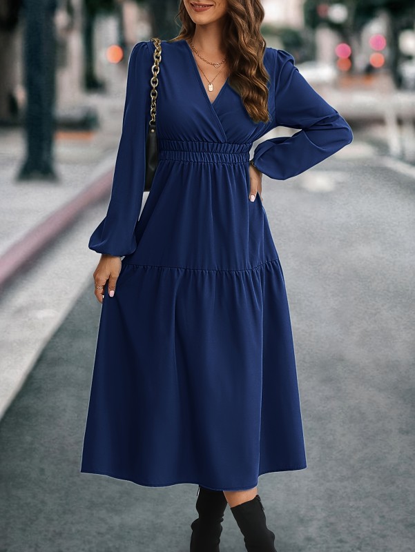 Solid Surplice Neck Dress, Casual Long Sleeve Dress, Women's Clothing