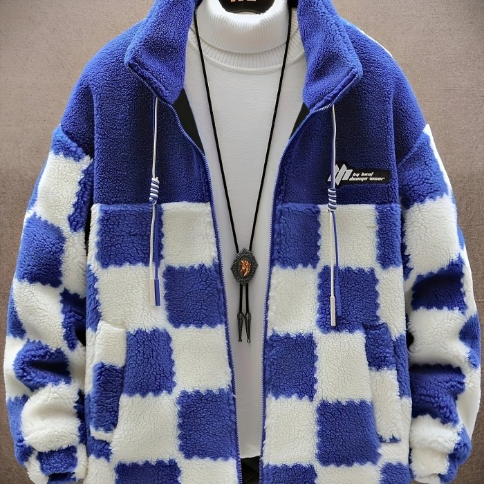 Men's Warm Thick Fleece Coat, Palid Cardigan Overcoat For Fall Winter