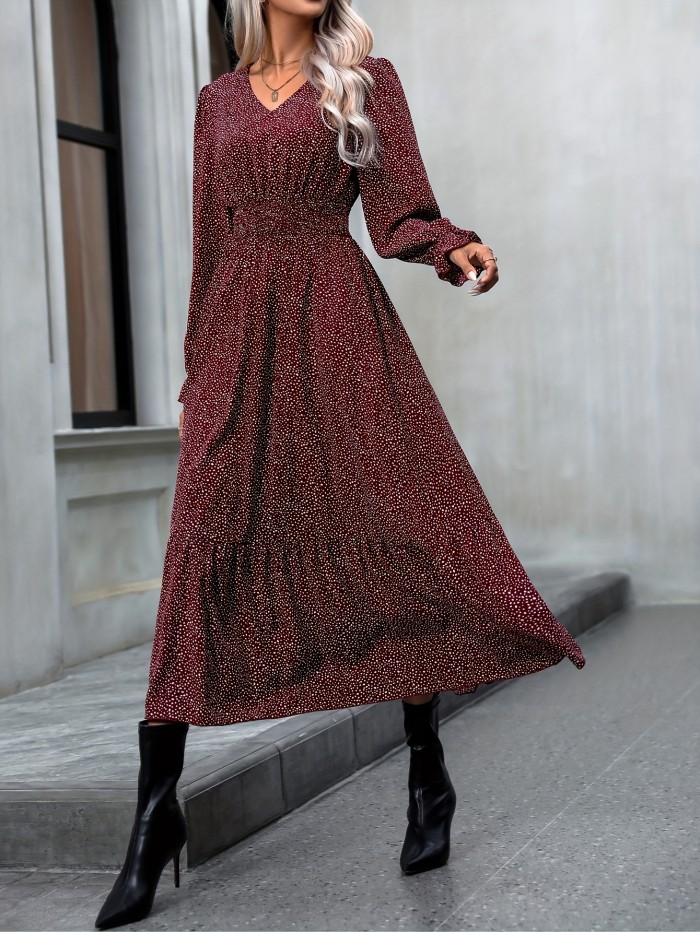 Allover Print Shirred Dress, Casual V Neck Long Sleeve Midi Dress