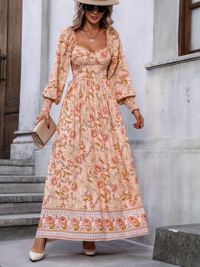 Floral Print Shirred Dress, Boho High Waist Long Sleeve Maxi Dress