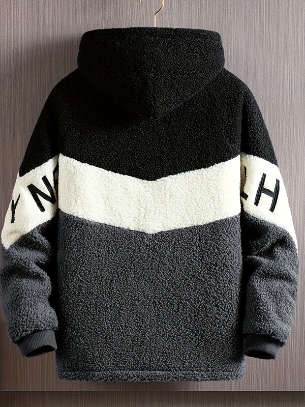 Men's Color Block Polar Fleece Hooded Coat For Fall Winter