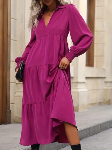 V Neck Tiered Dress, Casual Solid Long Sleeve Simple Dress