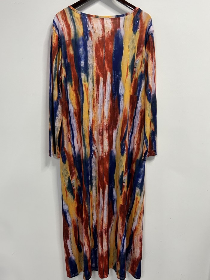 Plus Size Casual Dress, Women's Plus Tie Dye Long Sleeve Button Decor V Neck Layered Maxi Dress With Pockets