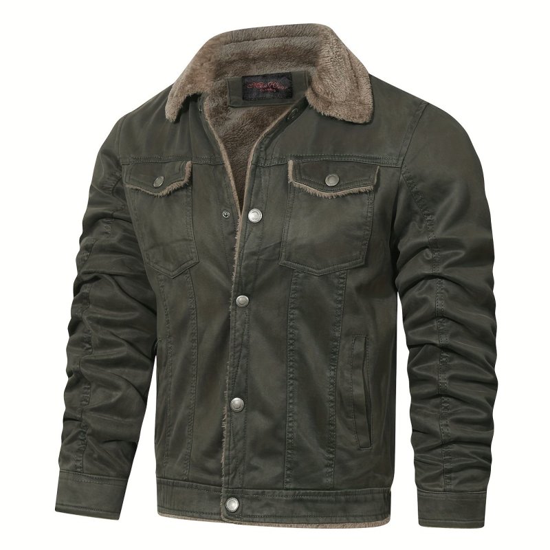 Warm Fleece Bomber Jacket, Men's Casual Lapel Button Up Jacket Coat For Fall Winter