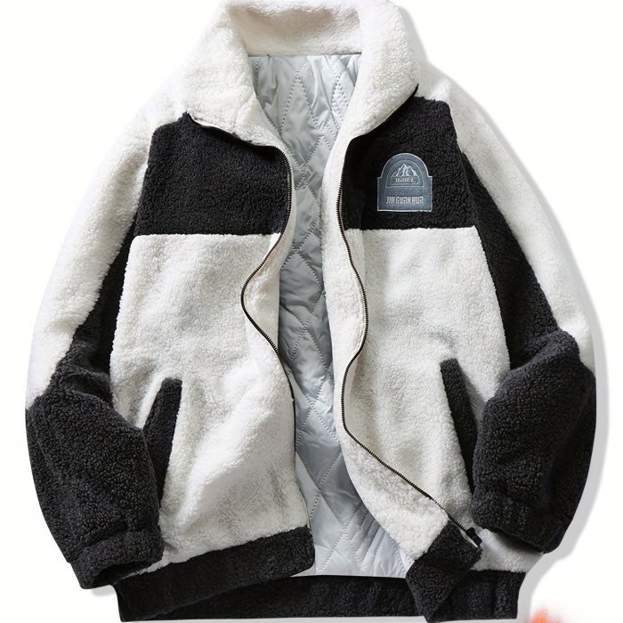 Warm Plush Fleece Jacket, Men's Casual Color Block Stand Collar Jacket Coat For Fall Winter