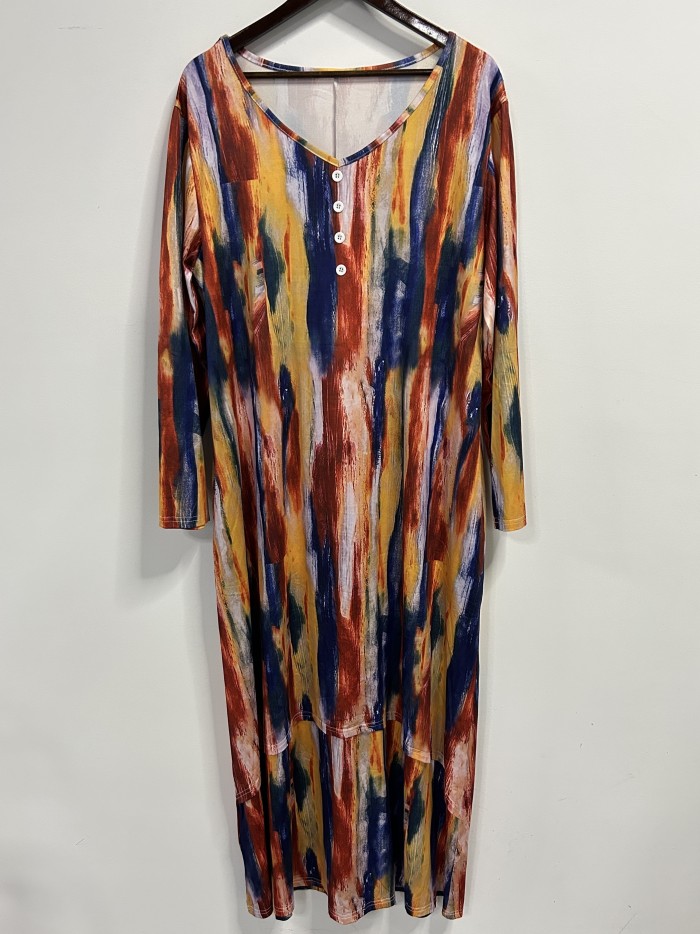 Plus Size Casual Dress, Women's Plus Tie Dye Long Sleeve Button Decor V Neck Layered Maxi Dress With Pockets