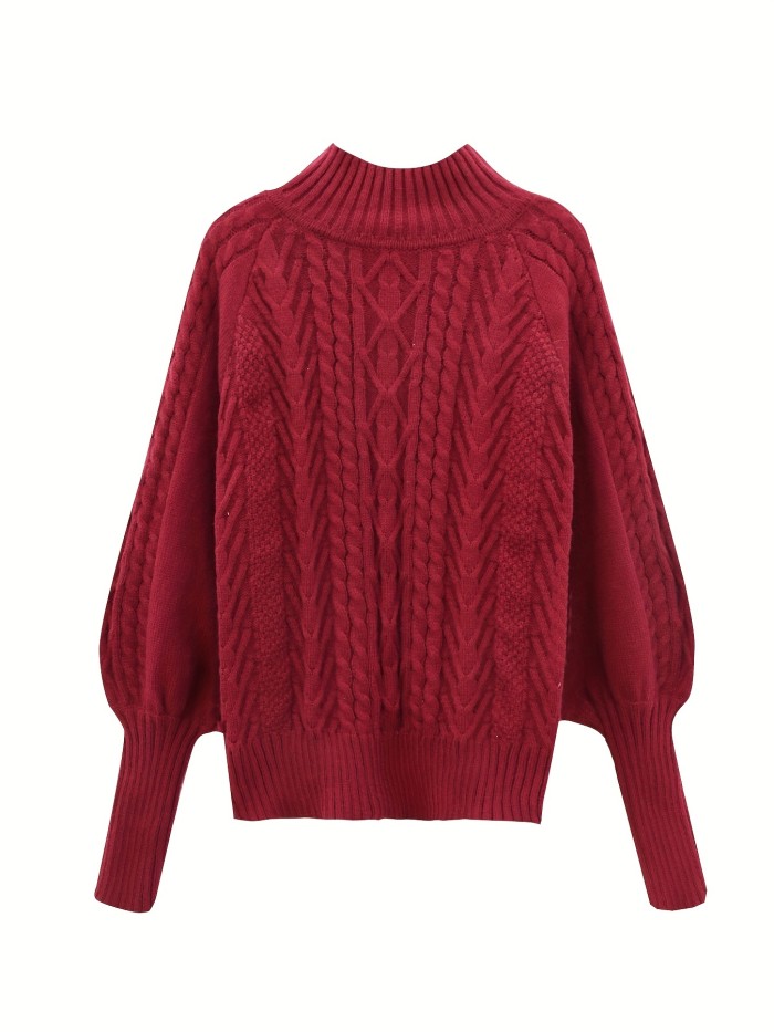 Cable Knit Turtle Neck Sweater, Casual Long Sleeve Sweater For Fall & Winter