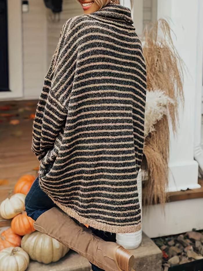 Striped Turtle Neck Pullover Sweater, Casual Long Sleeve Dipped Hem Oversized Sweater, Women's Clothing