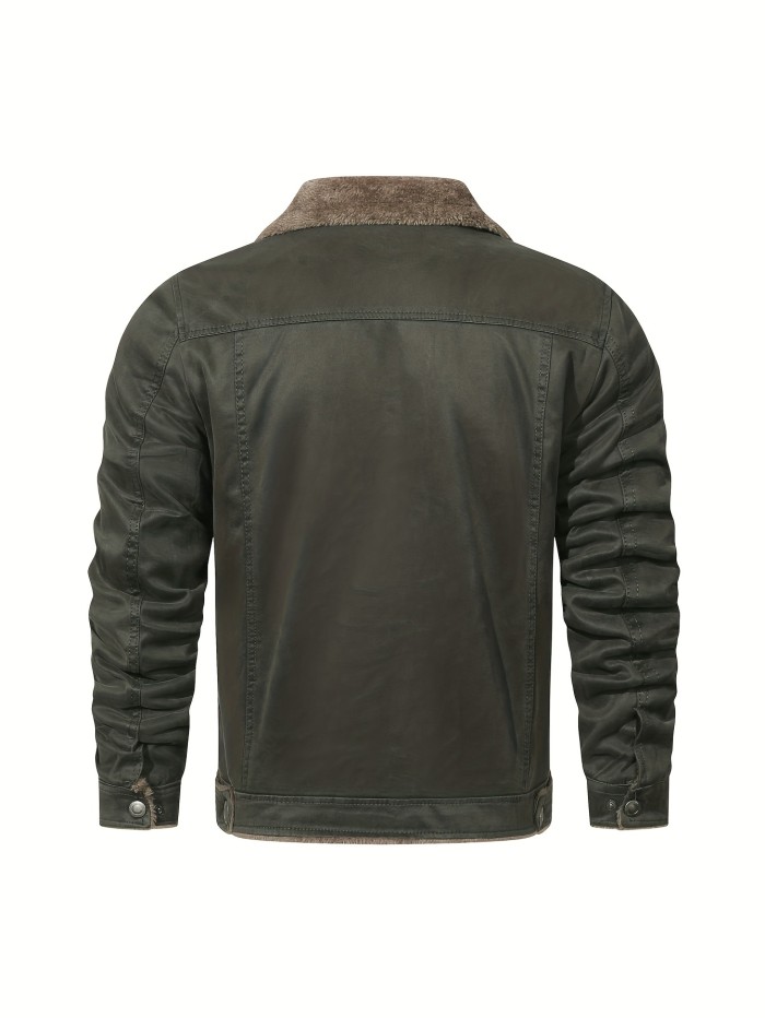 Warm Fleece Bomber Jacket, Men's Casual Lapel Button Up Jacket Coat For Fall Winter
