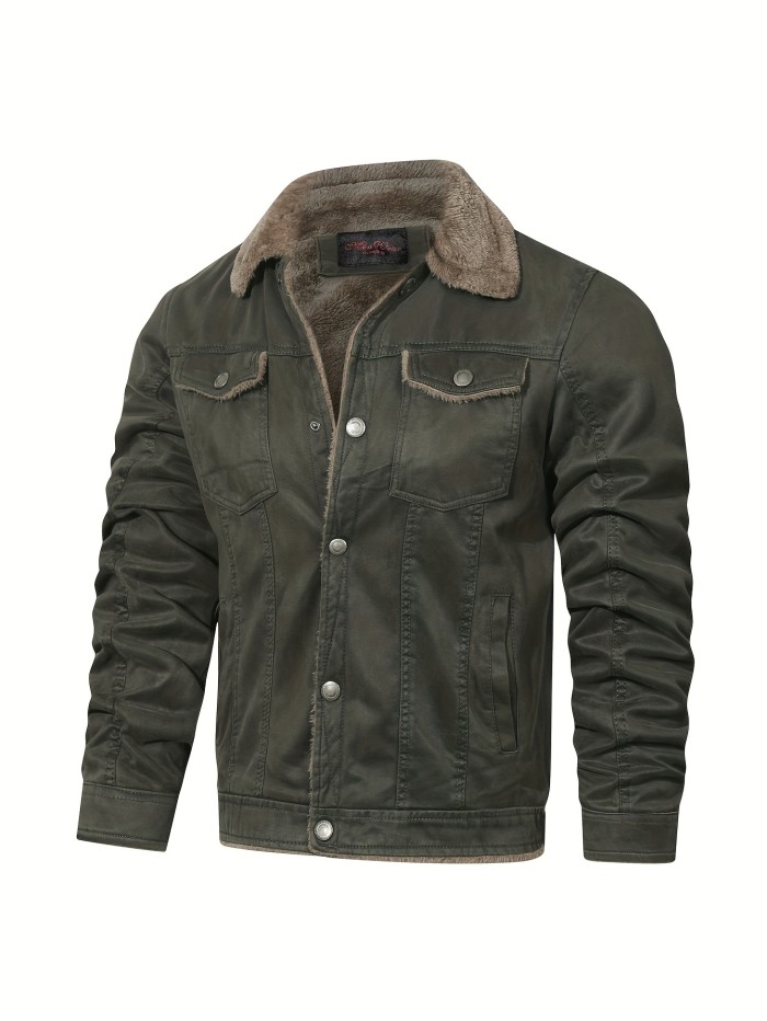 Warm Fleece Bomber Jacket, Men's Casual Lapel Button Up Jacket Coat For Fall Winter