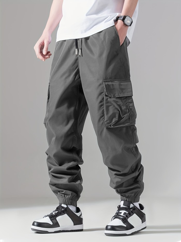 Casual Loose Fit Multi-pocket Drawstring Cargo Pants, Men's Joggers For Spring And Fall