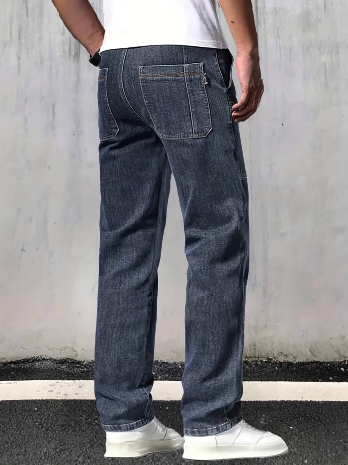 Loose Fit Straight Leg Jeans, Men's Casual Street Style Multi Pocket Denim Pants For All Seasons