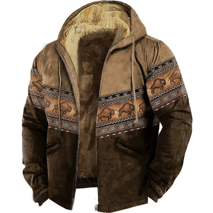 Men's Zipper Hoodies Bison Pattern Print Casual  Sweatshirt Casual Hooded Jacket Outerwear
