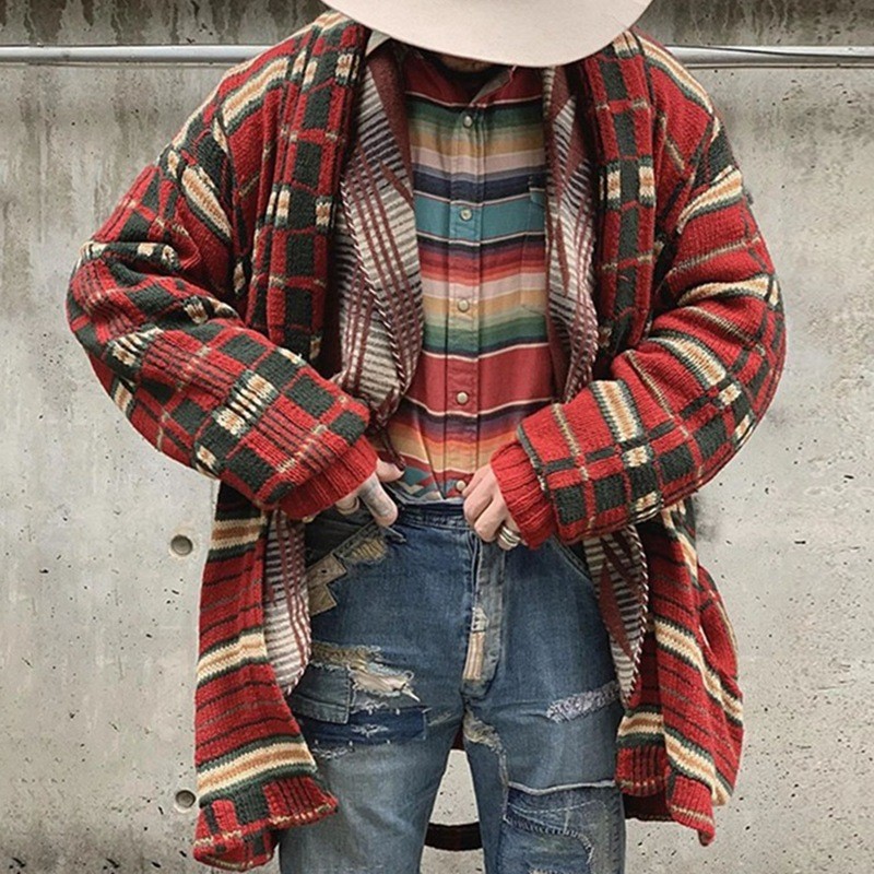 Fashion Jacquard Knitted V-Neck Cardigan Sweater Men Casual Retro Jacket