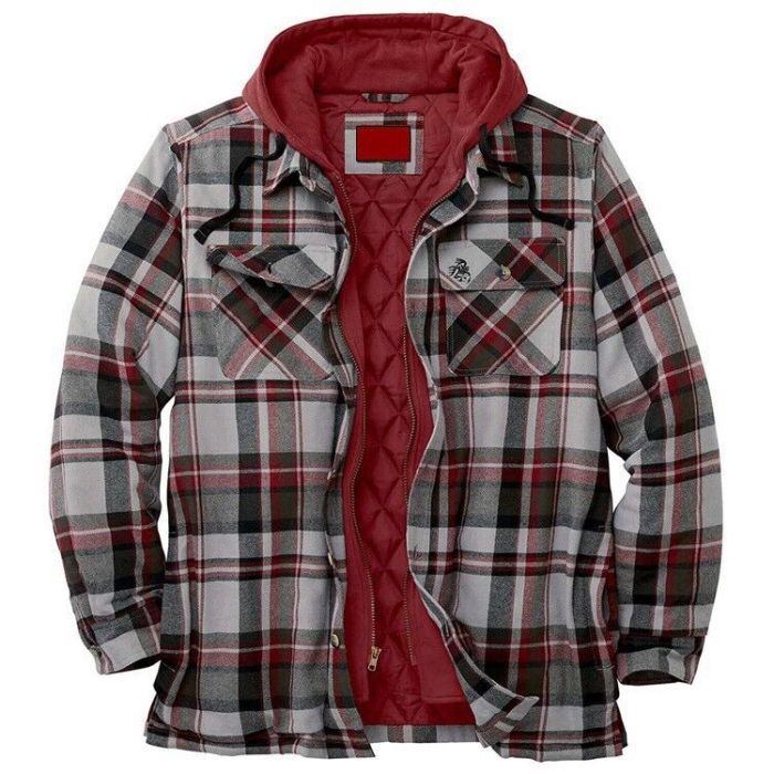 Men Coat Quilted Lined Button Down Plaid Warm Jacket Male Hood Outerwear