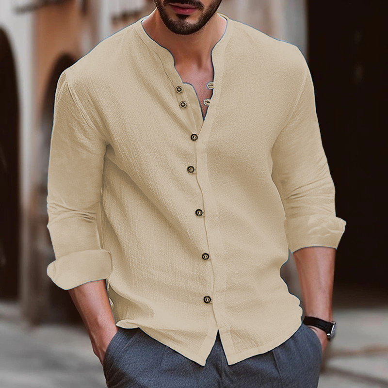 Retror Men's Casual Cotton Linen Shirt Solid V-Neck Long Shirt