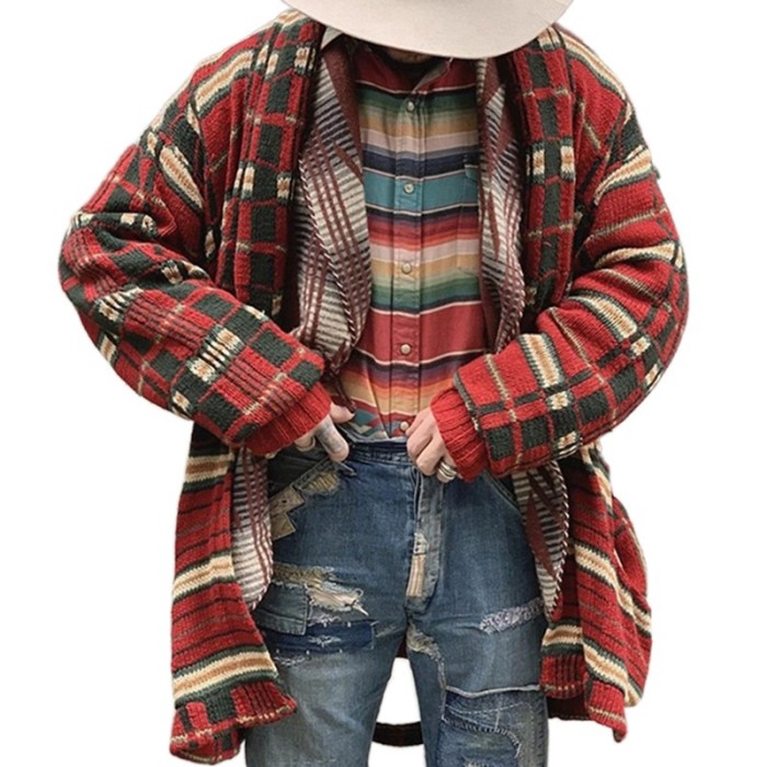 Fashion Jacquard Knitted V-Neck Cardigan Sweater Men Casual Retro Jacket